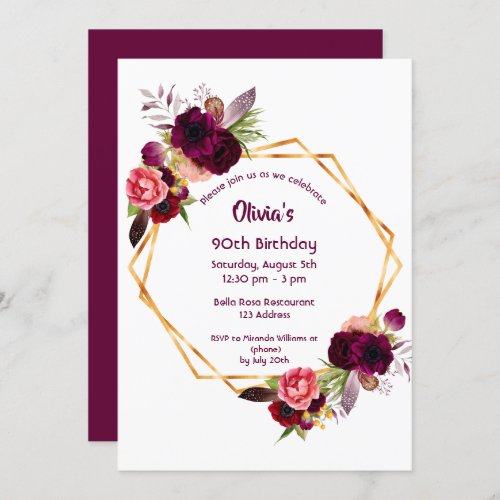 90th birthday burgundy florals gold geometric invitation