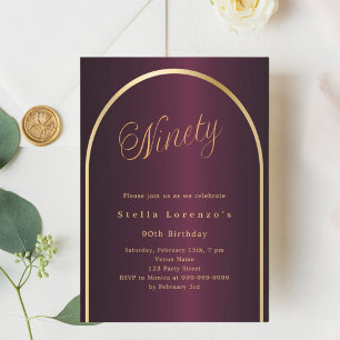 90th birthday burgundy gold arch script luxury invitation