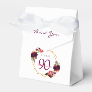 90th Birthday burgundy gold geometric floral white Favor Boxes