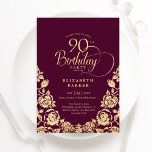90th Birthday Burgundy Gold Roses Invitation<br><div class="desc">Burgundy gold elegant 90th birthday party invitation. Classy design featuring roses,  faux gold foil and typography script font. Trendy invite card perfect for a stylish female bday celebration. Personalize with your own details. Can be customized to any age. Printed Zazzle invitations or instant download digital printable template.</div>