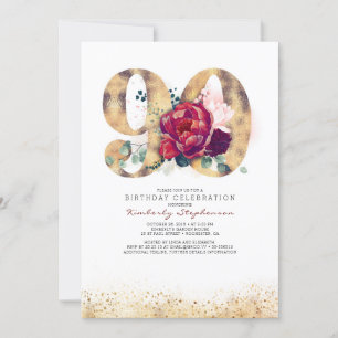90th Birthday Burgundy Red and Gold Glitters Invitation