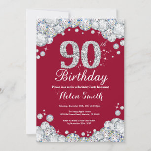 90th Birthday Burgundy Red and Silver Diamond Invitation