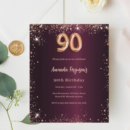90th birthday burgundy rose gold invitation