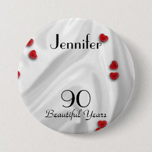 90th Birthday Button / Pin, Small Red Hearts