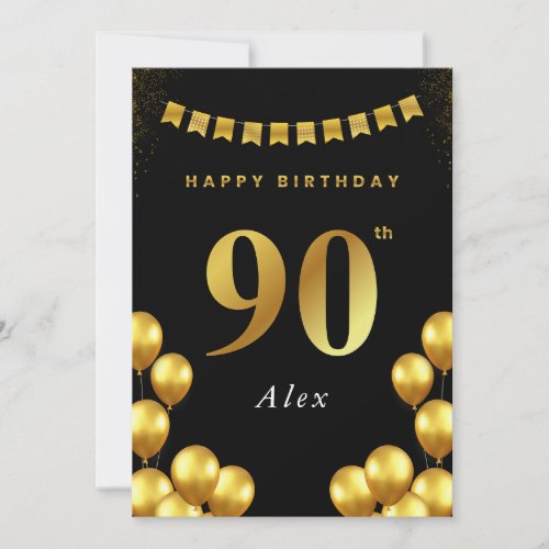 90th Birthday Card Black and Gold Balloons