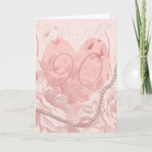 90th Birthday Card Pink Floral Heart With Butter Card