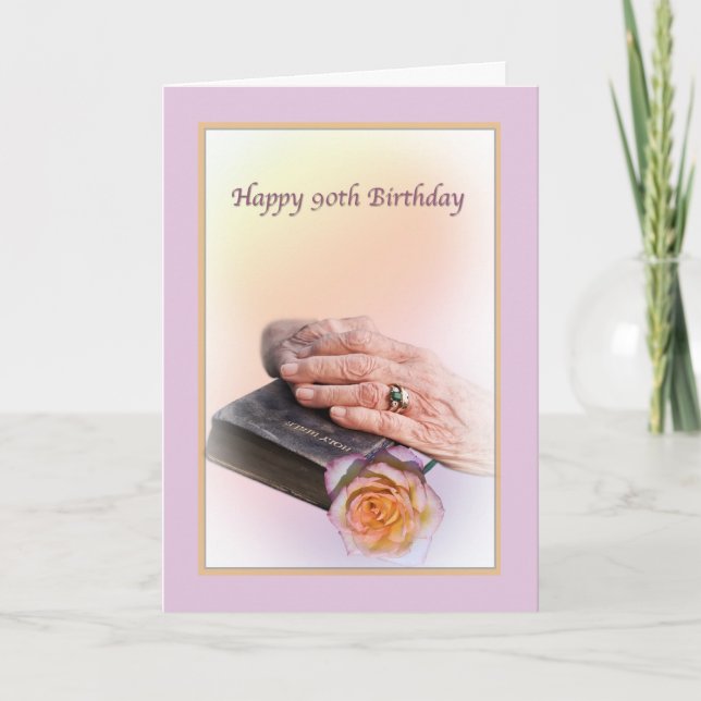 90th Birthday Card with Aged Hands and Bible (Front)