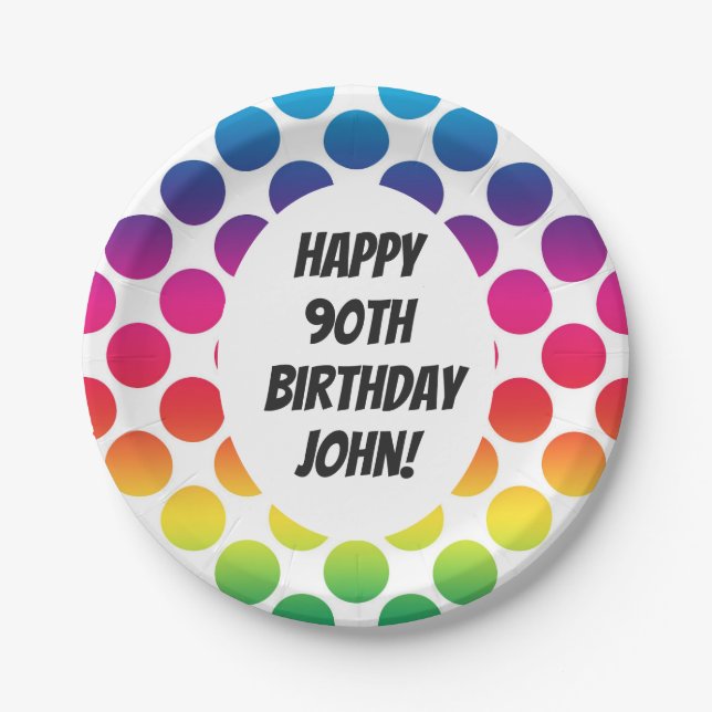 90th Birthday Celebration With Colorful Circles Paper Plates (Front)
