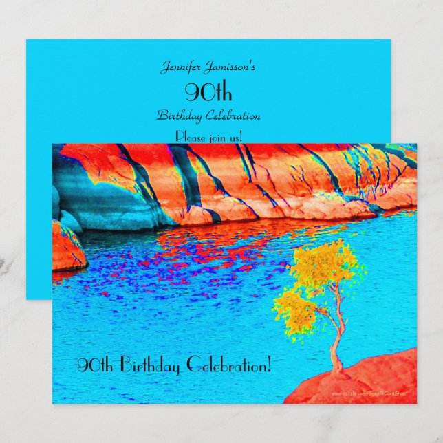 90th Birthday Celebration Yellow Tree, Colorful Invitation (Front/Back)