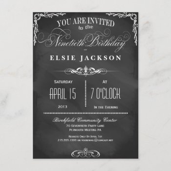 90th Birthday Chalkboard Typography Party Invite by PetitePaperie at Zazzle