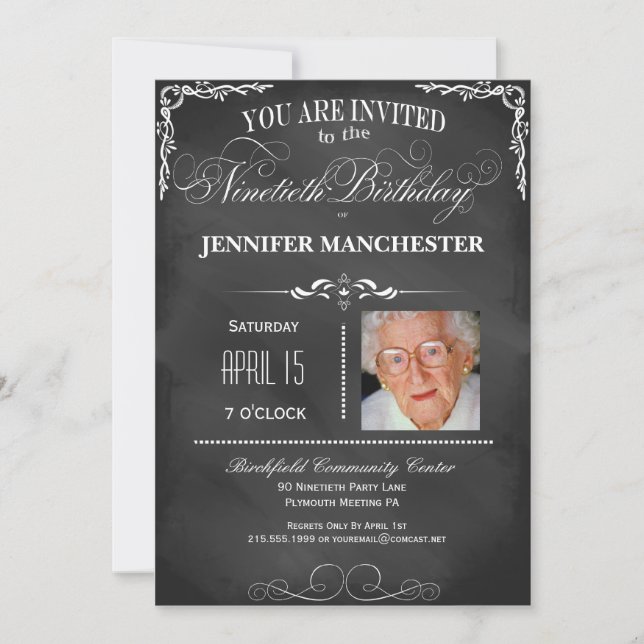90th Birthday Chalkboard Typography Party Invite (Front)