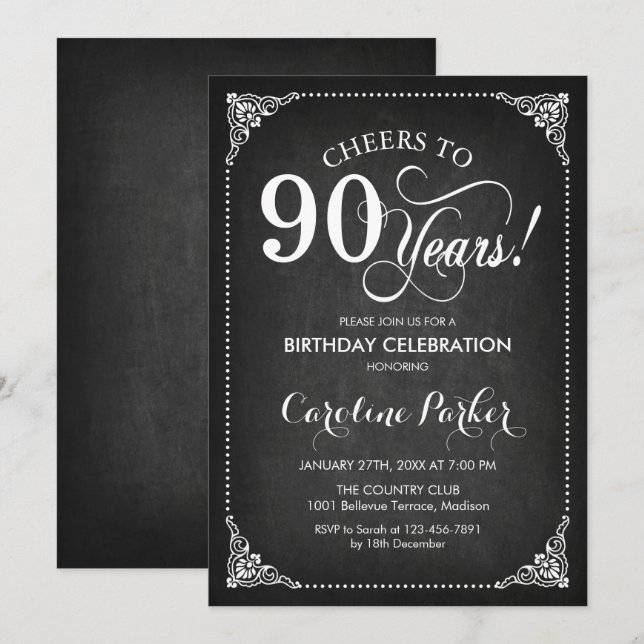 90th Birthday - Chalkboard White Invitation (Front/Back)