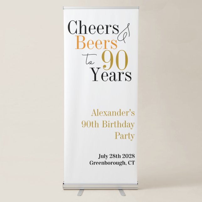 90th Birthday Cheers and Beers Minimal Party Retractable Banner (Front)