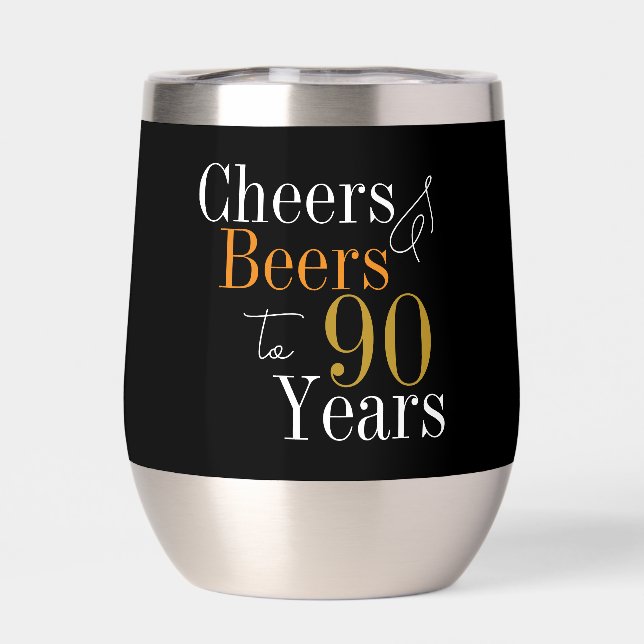 90th Birthday Cheers and Beers Party Black Gold Thermal Wine Tumbler (Back)