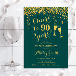 90th Birthday - Cheers To 90 Years Emerald Green Invitation<br><div class="desc">90th Birthday Invitation. Cheers To 90 Years! Elegant design in emerald green and gold. Features champagne glasses,  script font and confetti. Perfect for a stylish ninetieth birthday party. Personalize with your own details. Can be customized to show any age.</div>