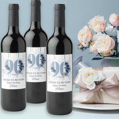 90th Birthday Cheers to 90 Years Floral Number Wine Label