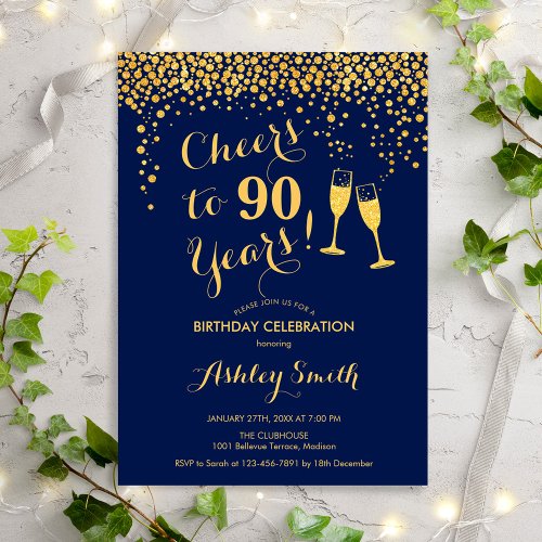 90th Birthday _ Cheers To 90 Years Gold Navy Invitation