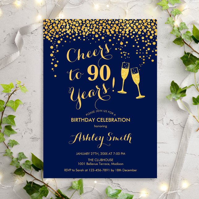 90th Birthday - Cheers To 90 Years Gold Navy Invitation (Creator Uploaded)