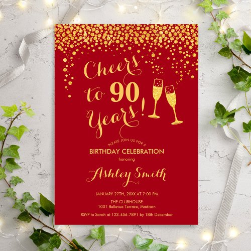 90th Birthday _ Cheers To 90 Years Gold Red Invitation
