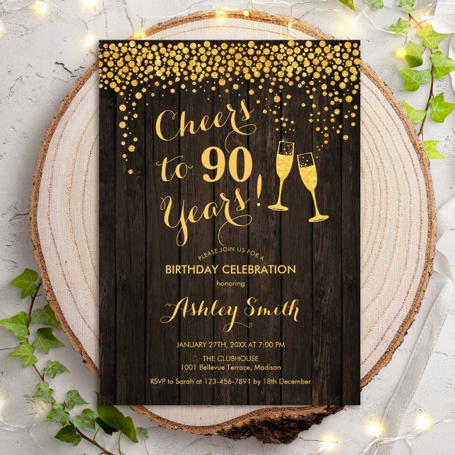 90th Birthday - Cheers To 90 Years Gold Wood Invitation (Creator Uploaded)
