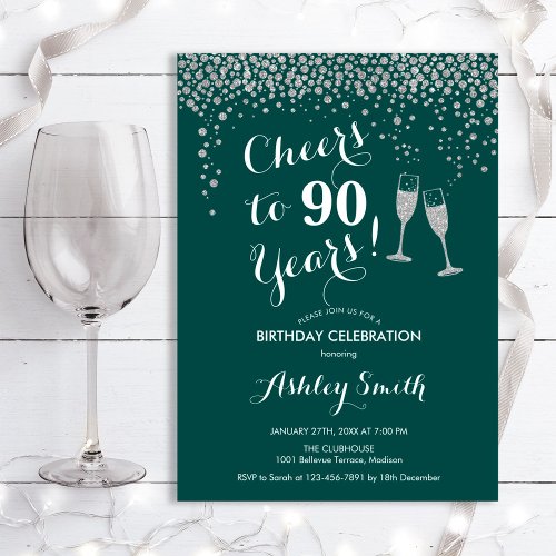 90th Birthday _ Cheers To 90 Years Silver Green Invitation