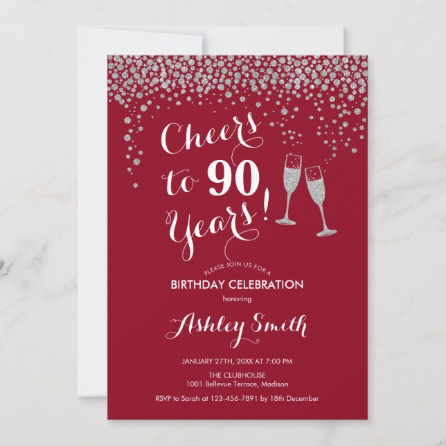 90th Birthday - Cheers To 90 Years Silver Red Invitation (Front)