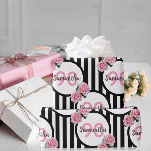 90th birthday chic pink roses black white stripes wrapping paper