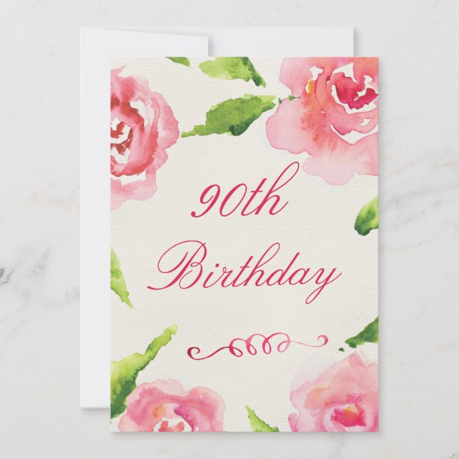 90th Birthday Chic Watercolor Roses Invitation (Front)