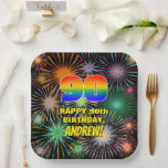 [ Thumbnail: 90th Birthday: Colorful, Fun Celebratory Fireworks Paper Plates ]