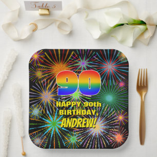 90th Birthday: Colorful, Fun Celebratory Fireworks Paper Plates