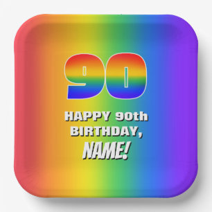 90th Birthday: Colorful, Fun Rainbow Pattern # 90 Paper Plates