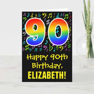 90th Birthday: Colorful Music Symbols + Rainbow 90 Card