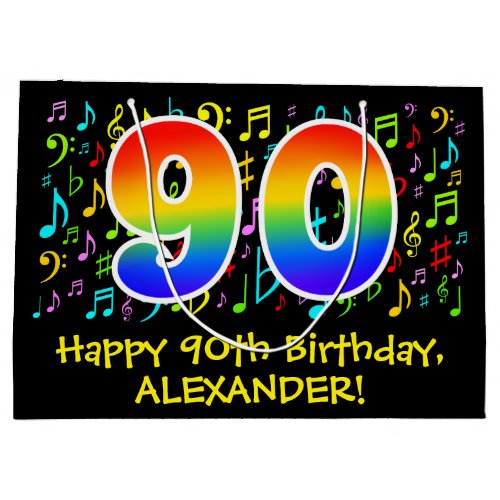 90th Birthday _ Colorful Music Symbols Rainbow 90 Large Gift Bag