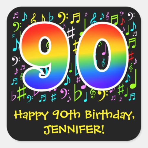 90th Birthday Colorful Music Symbols Rainbow 90 Square Sticker