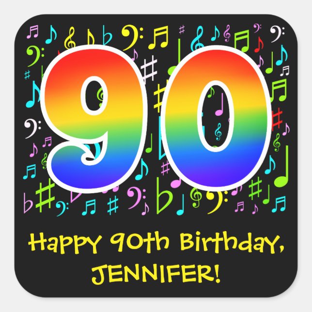 90th Birthday: Colorful Music Symbols, Rainbow 90 Square Sticker (Front)