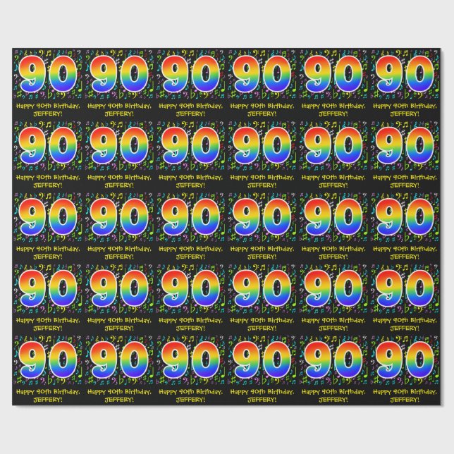 90th Birthday: Colorful Music Symbols, Rainbow 90 Wrapping Paper (Flat)