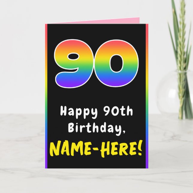 90th Birthday: Colorful Rainbow # 90, Custom Name Card (Front)