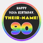 [ Thumbnail: 90th Birthday: Colorful Rainbow # 90, Custom Name Round Sticker ]