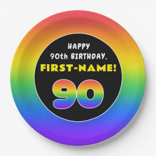 90th Birthday: Colorful Rainbow # 90, Custom Name Paper Plates