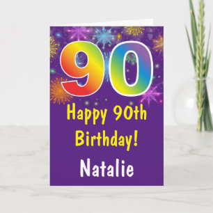 90th Birthday Colorful Rainbow Fireworks Purple Card