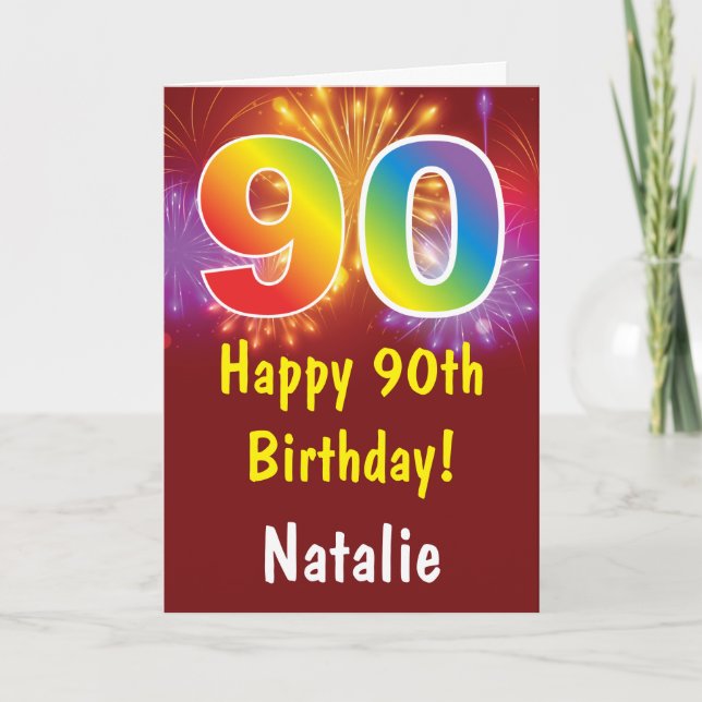 90th Birthday Colorful Rainbow Fireworks Red Card (Front)