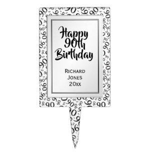 90th Birthday Cool Number Pattern Black and White Cake Topper