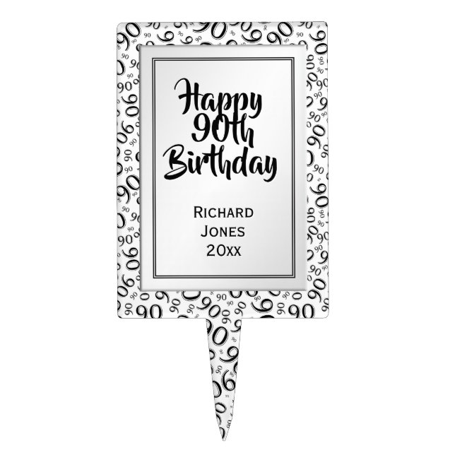 90th Birthday Cool Number Pattern Black and White Cake Topper (Front)