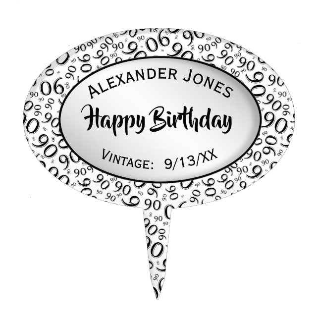 90th Birthday Cool Number Pattern Black and White Cake Topper (Front)