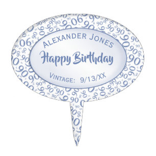 90th Birthday Cool Number Pattern Blue and White Cake Topper