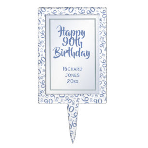 90th Birthday Cool Number Pattern Blue and White Cake Topper