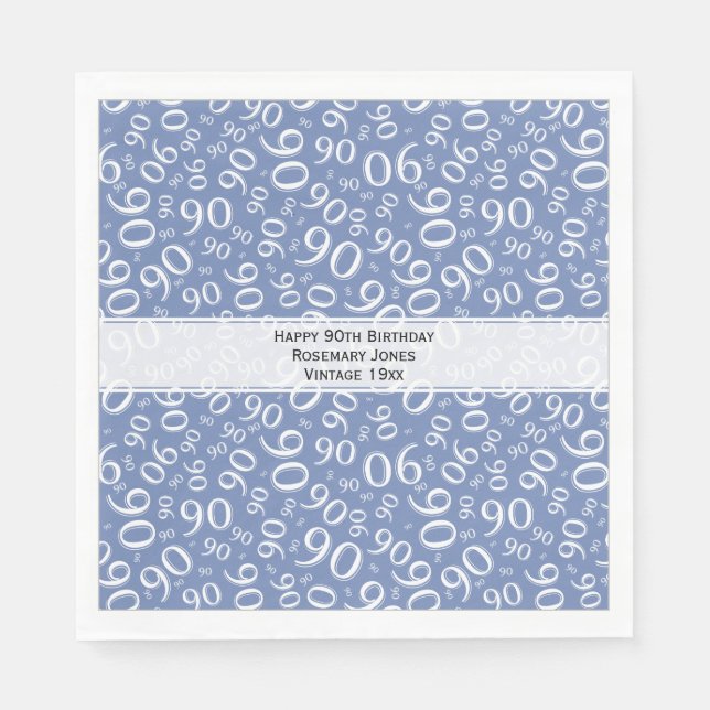 90th Birthday Cool Number Pattern Blue/White Napkins (Front)