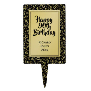 90th Birthday Cool Number Pattern Gold and Black Cake Topper