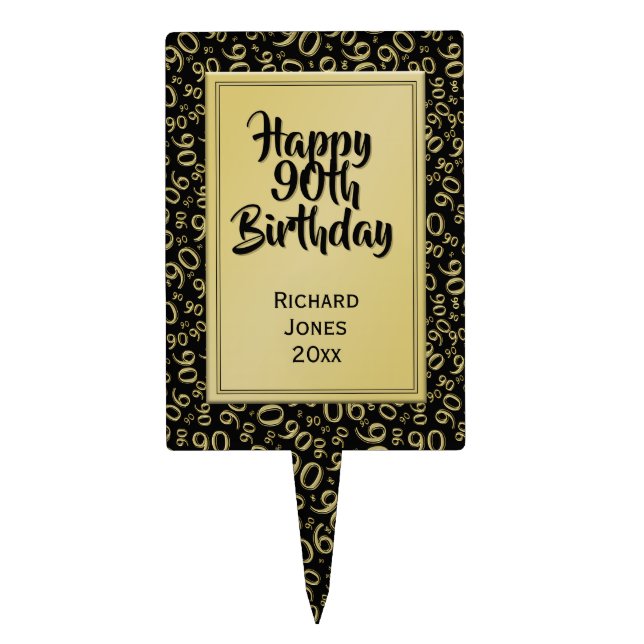 90th Birthday Cool Number Pattern Gold and Black Cake Topper (Front)