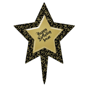 90th Birthday Cool Number Pattern Gold and Black Cake Topper